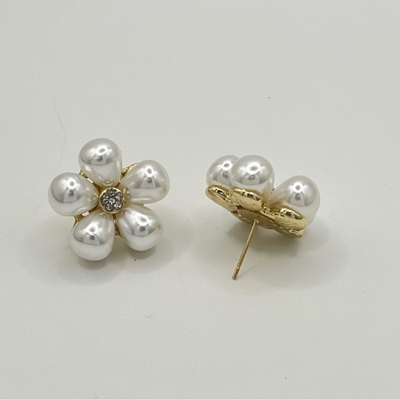 Gold Tone Faux Pearl Flower Stud Earrings with Rhinestone Center - Picture 2 of 3